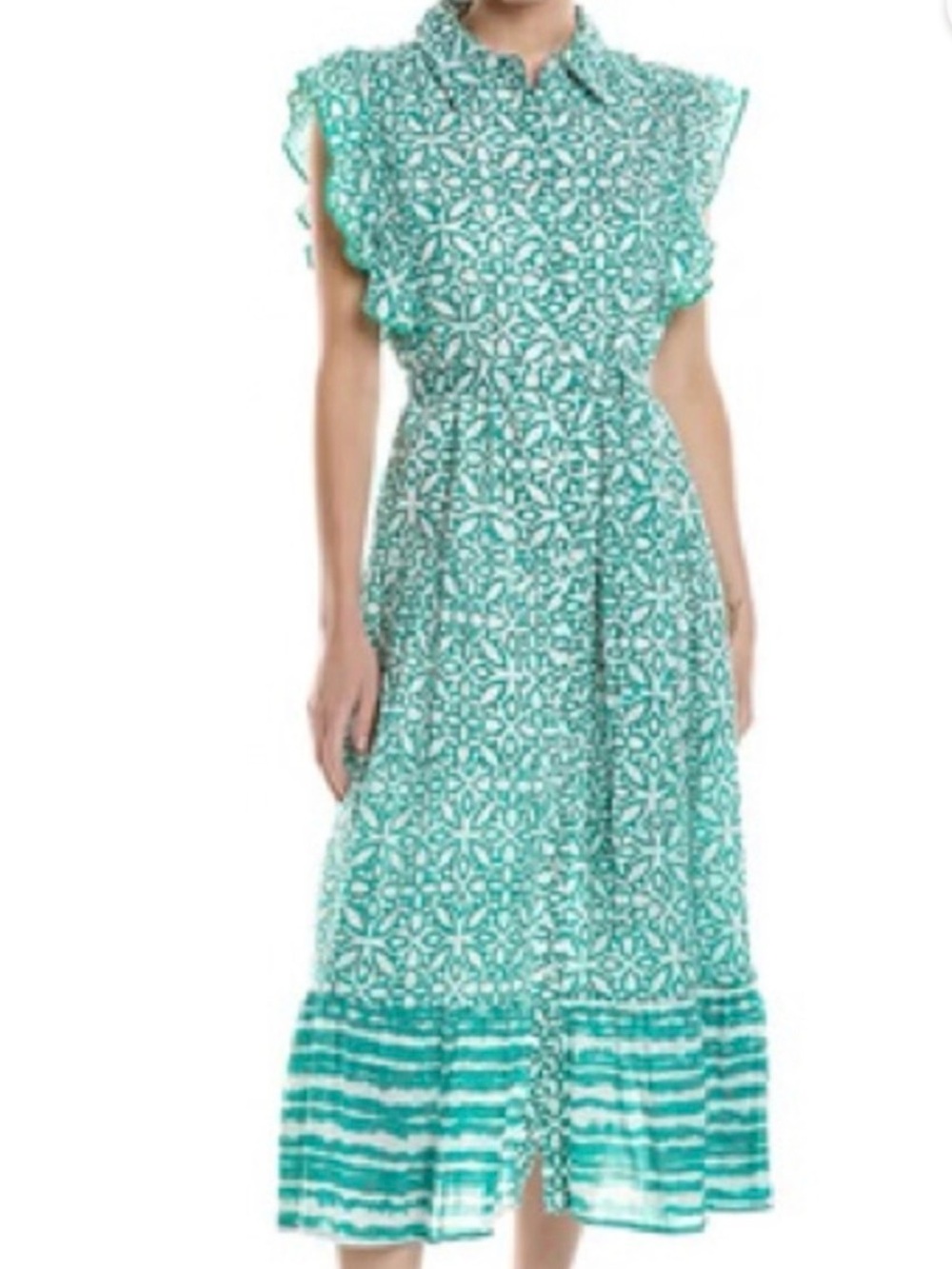 Printed Teal Midi Dress with Ruffle Hem and Waist Tie